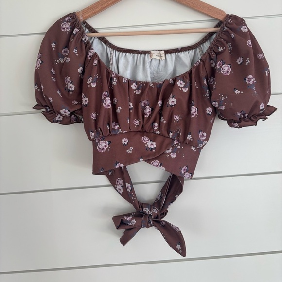 Altar'd State Jordan Brown Floral Puff Sleeve Crop-Top - Picture 3 of 5